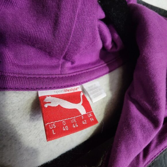 Womens PUMA Essentials Logo Hoodie Sz Lg Purple Gray Fleece Pullover Sweatshirt - Picture 7 of 11